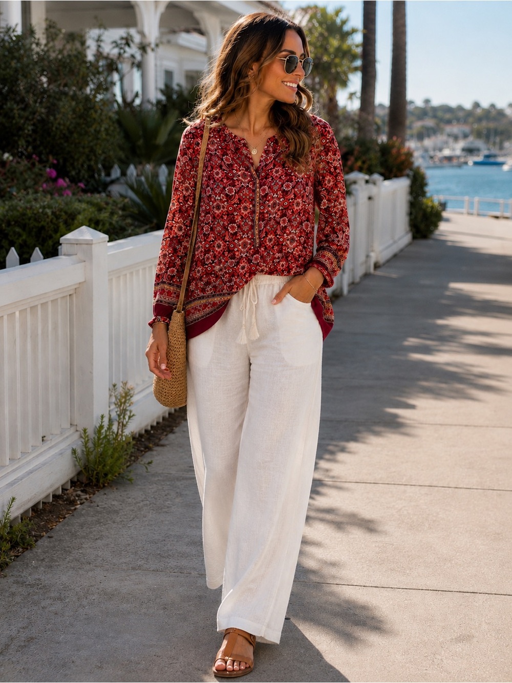 LOFT Floral Boho Blouse – Long Sleeve Split Neck Top |  Breezy Women's Size M